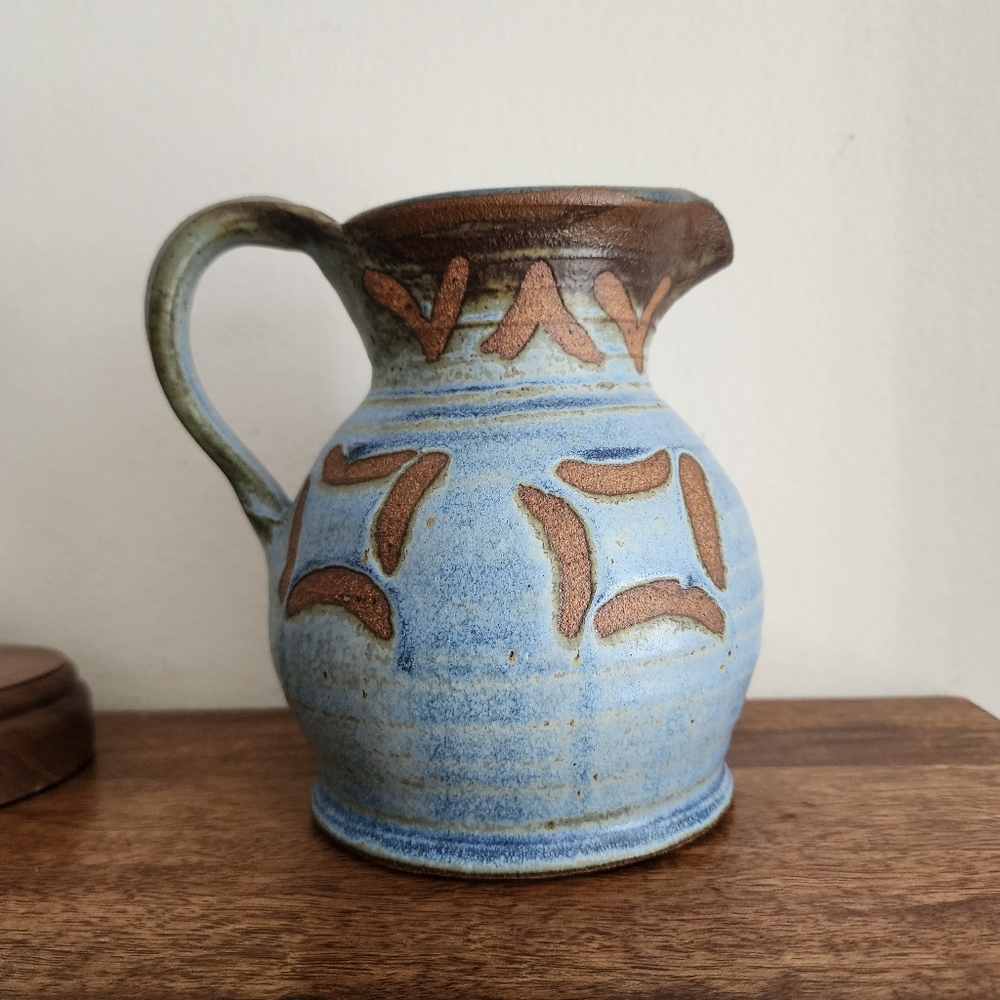Studio Pottery Artist Signed MCM Blue Matte Stoneware Pitcher